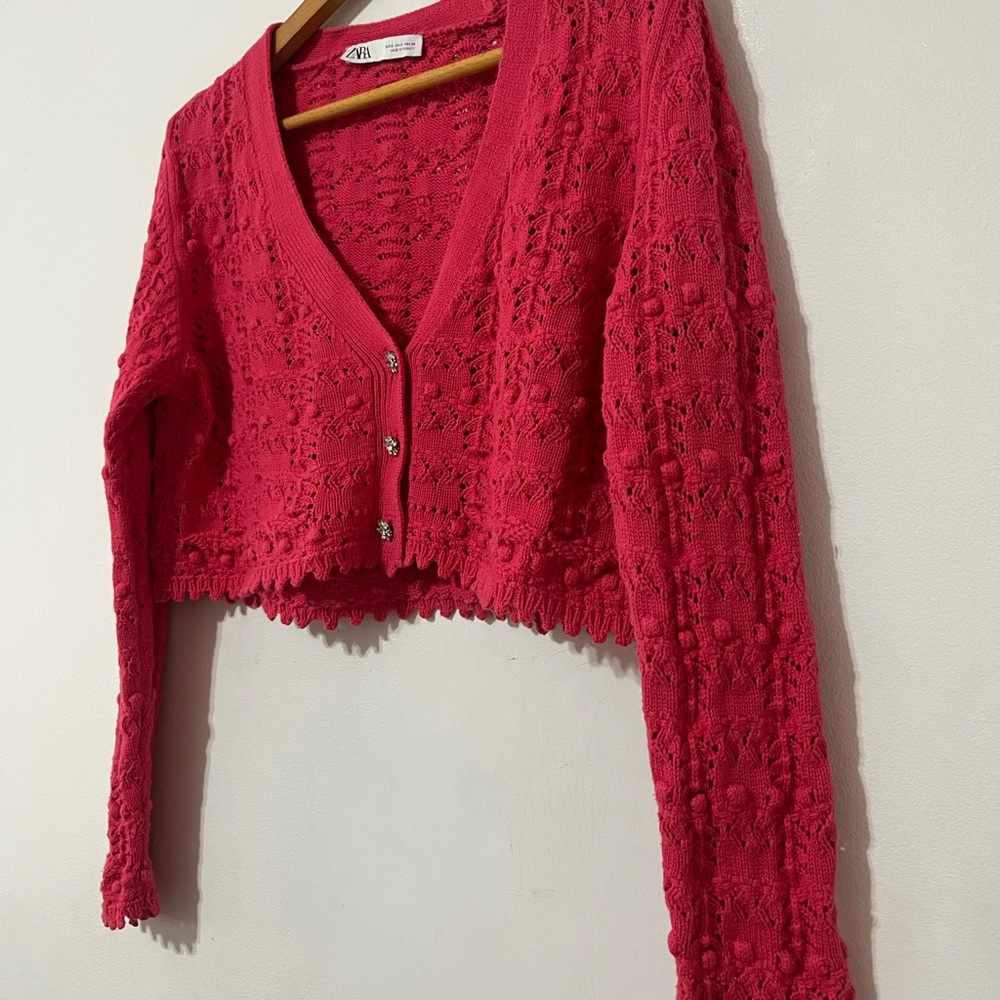 Zara Women's Vibrant Pink Cropped Crochet Cardigan with Jewel Buttons